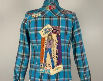 Upcycled Embellished Plaid Shirt – Handcrafted Festival Fashion, Size M