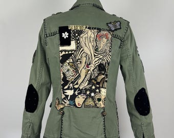 Upcycled Military Jacket - Art Nouveau Beaded Applique, Cabi Medium