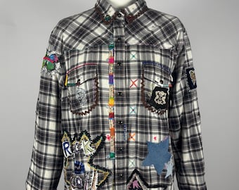 Upcycled Handcrafted Embellished Rock-n-Roll Whimsical 100% Cotton Flannel Plaid Shirt - Brand: Jachs Girlfriend XL