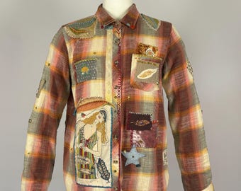 Upcycled Handcrafted and Embellished Coachella Festival Flannel Shirt Jacket - Thread & Supply Brand Medium