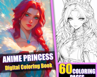 May include: A digital coloring book featuring an anime princess with red hair and a crown. The cover shows a colored illustration of the princess, while the inside pages are black and white line drawings. The book includes 60 coloring pages.