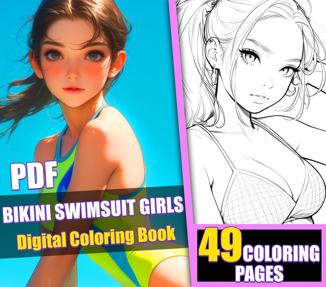 Anime Girls in Bikini Swimsuits Digital Coloring Book Bikini Girls ...