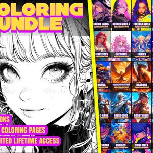 May include: A black and white illustration of a woman with long hair. The image is surrounded by a grid of 20 colorful squares, each featuring a different illustration. The text "COLORING BUNDLE" is at the top of the image. The text "20 BOOKS 1200+ COLORING PAGES UNLIMITED LIFETIME ACCESS" is at the bottom of the image.