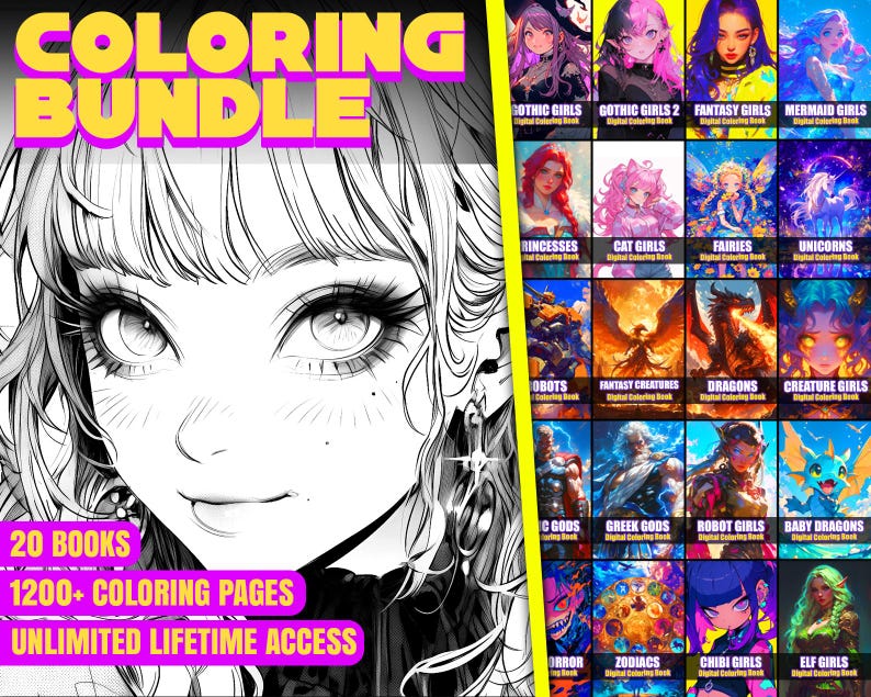 May include: A black and white illustration of a woman with long hair. The image is surrounded by a grid of 20 colorful squares, each featuring a different illustration. The text "COLORING BUNDLE" is at the top of the image. The text "20 BOOKS 1200+ COLORING PAGES UNLIMITED LIFETIME ACCESS" is at the bottom of the image.