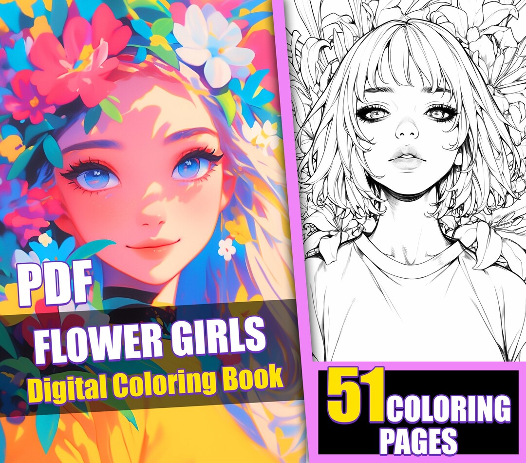 Flower Girls Coloring Book 51 Page Cute Anime Manga Fantasy Greyscale ...