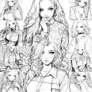 May include: A collage of nine black and white line drawings of women with long hair. Each woman is depicted with a different hairstyle and clothing style.
