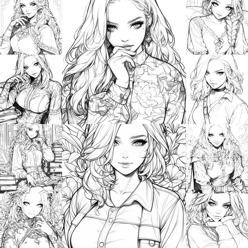 May include: A collage of nine black and white line drawings of women with long hair. Each woman is depicted with a different hairstyle and clothing style.