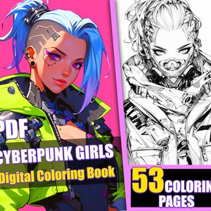Anime Coloring Book - Cyberpunk Girls | 53 Page Cute Manga Sci-fi Coloring Pages for Children & Adults| Instant Download, Printable PDF