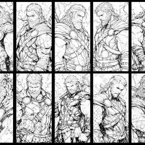 May include: A black and white line drawing of a man with long hair and a beard wearing a tunic and armor. The drawing is in a comic book style.