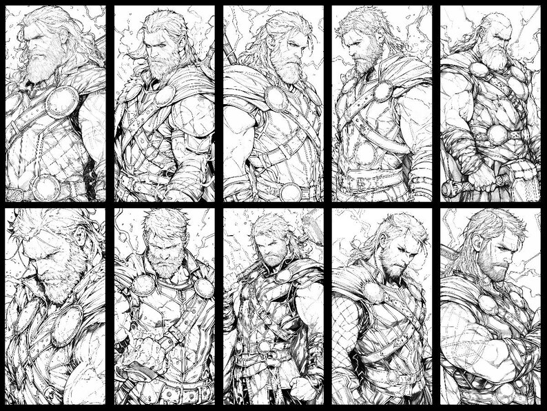 May include: A black and white line drawing of a man with long hair and a beard wearing a tunic and armor. The drawing is in a comic book style.