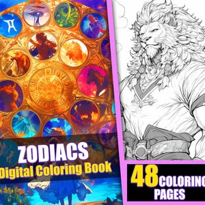 Zodiacs Fantasy Coloring Book 48 Page Anime manga Fantasy Coloring Pages for Adults, Instant Download Printable PDF