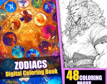 Zodiac Anime Coloring Book, Fantasy Manga Art (Printable PDF)