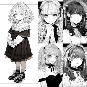 May include: Black and white illustration of four anime-style girls with different hairstyles and clothing. Each girl has a different expression on her face.
