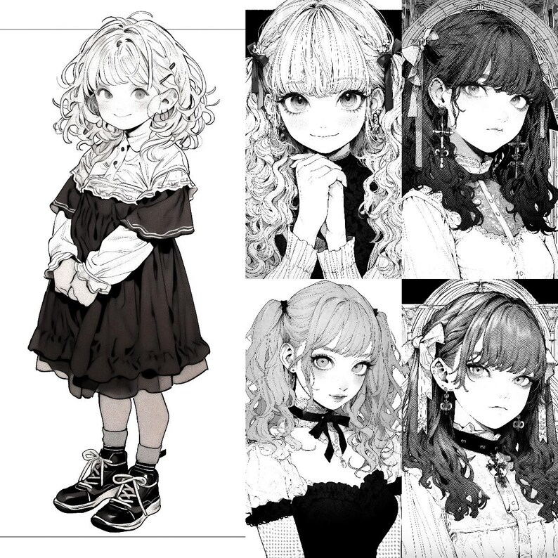 May include: Black and white illustration of four anime-style girls with different hairstyles and clothing. Each girl has a different expression on her face.
