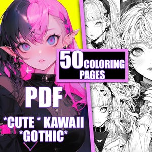 Anime Gothic Girls Coloring Book 50 Pages Cute Manga Anime Fantasy Coloring Pages for Children & Adults, Instant Download, Printable PDF