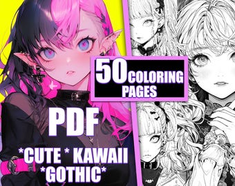 Gothic Kawaii Anime Girl Coloring Book, 50 Page Fantasy Art (Printable PDF)
