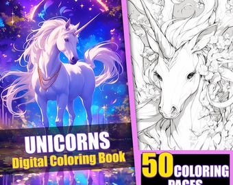 Anime Unicorn Coloring Book, Fantasy Manga Style, 50 Page (Printable PDF)