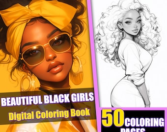 May include: A digital coloring book featuring 50 coloring pages of beautiful Black girls. The cover features a woman with dark skin, curly hair, and a yellow headband. She is wearing sunglasses and large gold earrings.