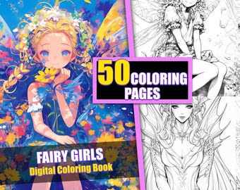 Anime Fairy Girls Coloring Book, 50 Page Fantasy Manga (Printable PDF)
