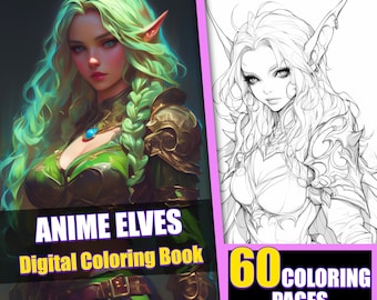Anime Elf Girls Coloring Book, 60 Page Manga Fantasy (Printable PDF)