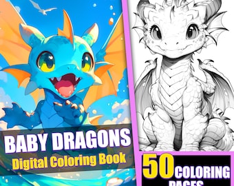 Baby Dragons Coloring Book, Anime Manga Fantasy (Printable PDF)