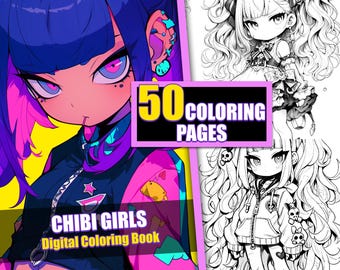 50 Page Anime Chibi Girls Coloring Book, Gothic Kawaii Manga (Printable PDF)