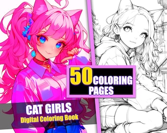 Cat Anime Girls Coloring Book, 50 Page Kawaii Manga (Printable PDF)