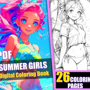 Summer Girls Bikini Girls Beach Girls Coloring Book 26 Page Cute Manga Anime Coloring Pages for Adults, Instant Download, Printable PDF