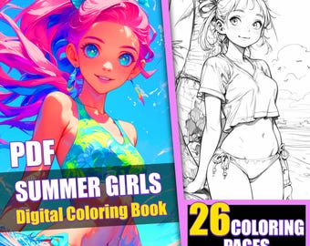 Summer Beach Girls Coloring Book, Manga Anime Style (Printable PDF)