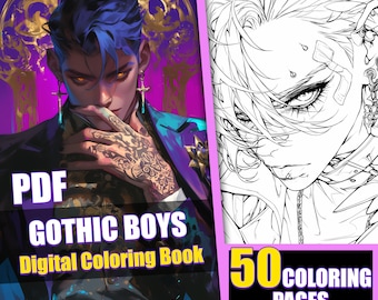 Gothic Boys Coloring Book, Anime Manga Greyscale, 50 Page (Printable PDF)