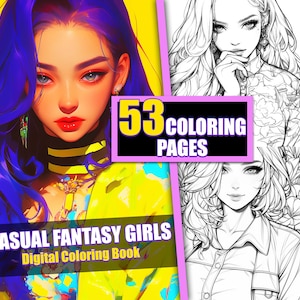 Anime Casual Fantasy Coloring Book 53 Pages Cute Manga Anime Coloring Pages for Children & Adults, Instant Download, Printable PDF