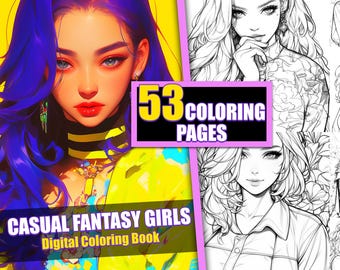 Anime Coloring Book, 53 Fantasy Girls Pages (Printable PDF)