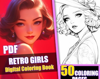 Retro Girls Anime Coloring Book, 1920s-30s Style, 50 Page Manga (Printable PDF)