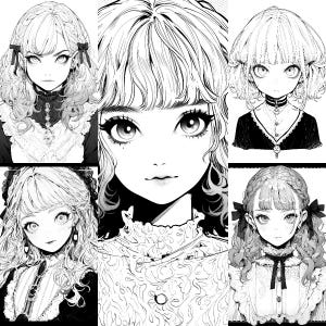 May include: Black and white illustration of three anime girls with long hair, wearing different outfits. The girls have large eyes and are drawn in a detailed style.