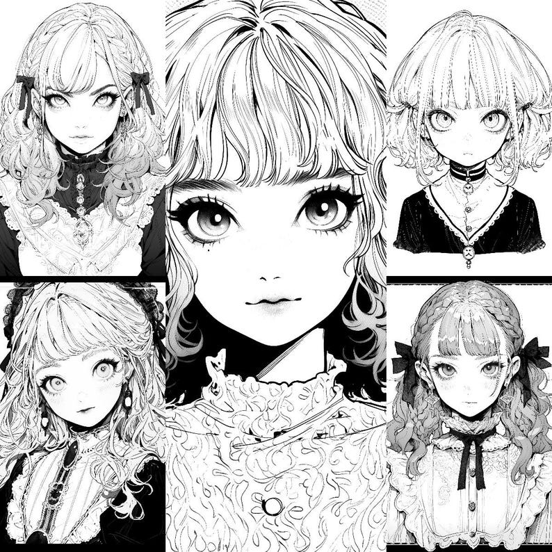 May include: Black and white illustration of three anime girls with long hair, wearing different outfits. The girls have large eyes and are drawn in a detailed style.