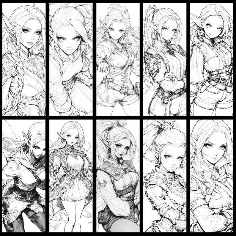May include: A digital illustration of ten female characters with pointed ears, each with a different hairstyle and outfit. The characters are drawn in black and white.