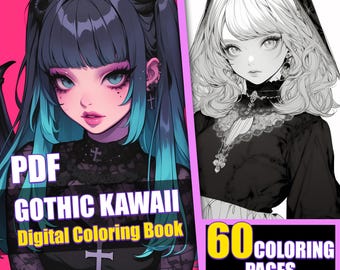 Anime Coloring Book, Gothic Kawaii Girls, 60 Pages (Printable PDF)
