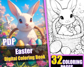 Easter Coloring Book, Bunnies and Eggs, 32 Pages (PDF Pattern)