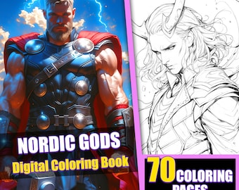 Nordic Gods Anime Coloring Book, 70 Page Mythology Art (PDF Pattern)