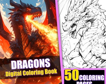Fantasy Dragons Coloring Book, Anime Manga, 50 Page (Printable PDF)