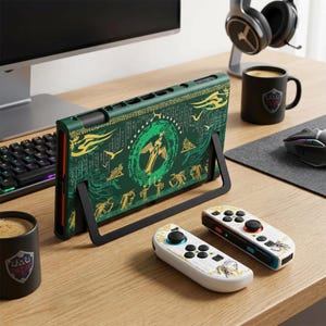 Op de afbeelding: Groen en goudkleurig Nintendo Switch-hoesje met een zwart statief en twee wit-zwarte controllers. Een zwarte mok met een wapen en een koptelefoon staan op een houten bureau.