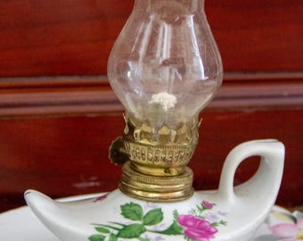 Vintage Mini Porcelain Floral Oil Lamp: Victorian Decor