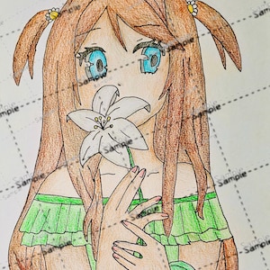 Chica de anime con flor – Arte de anime imprimible – Descarga digital – Arte mural estilo manga dibujado a mano