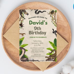 Signe de bienvenue d'anniversaire de reptile, Slither, Hop and Crawl Party, modèle de toile modifiable d'anniversaire en plein air sur le thème de la nature serpent