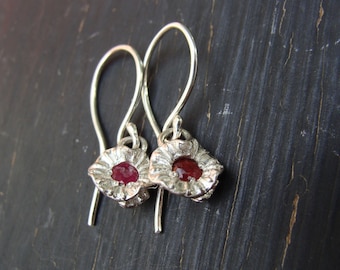 Water Lily Pistil Earrings with Rubies on Handmade French Wires, Silver Ruby Earrings, Nature Cast Botanical Jewelry, Ready to Ship