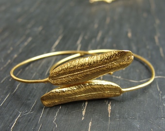 18K Vermeil Rhododendron Leaf Hoops -- Nature Cast Botanical Jewelry
