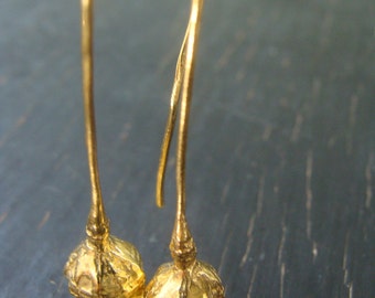 18K Vermeil Poppy Pod Long Hoops -- Nature Cast -- Poppy Earrings -- Botanical Jewelry