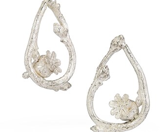 Poppy Pod and Branch Post Earrings -- Nature Cast Botanical Jewelry -- Silver Branches with Poppy Pods