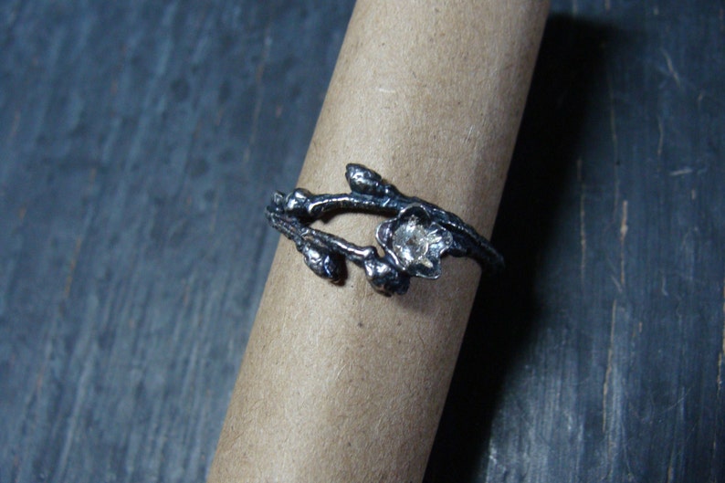 Wild Blueberry Branch & Bud Ring with Blue or White Sapphire Nature Cast Botanical Jewelry image 5