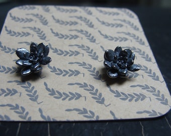 Miniature Flower Rosette Post Earrings -- Nature Cast Botanical Jewelry, Silver Succulent -- Ready to Ship